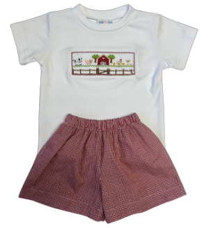 LuLu BeBe Toddler Boys Red Check Shorts with Smocked Farm Shirt by LuLu BeBe
