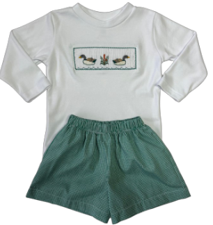 LuLu BeBe Toddler Boys Green Check Shorts with Smocked Mallard Ducks Shirt by LuLu BeBe