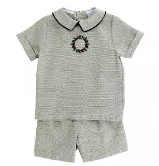 Bailey Boys Dressy Shorts Set - Embroidered Christmas Laurel Wreath
