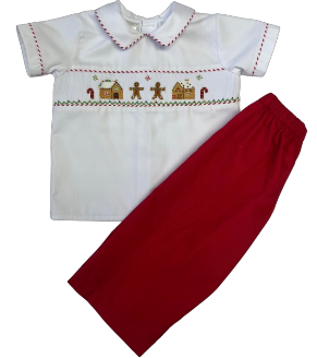 LuLu BeBe Toddler Boys Red Pants with Smocked Gingerbread Shirt