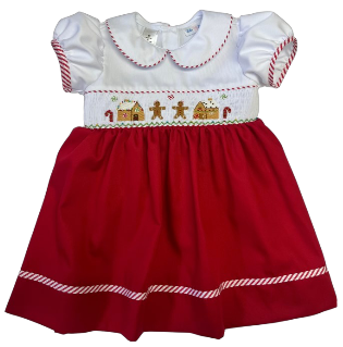 LuLu BeBe Girls Red Smocked Christmas Gingerbread Dress with Trim by LuLu BeBe