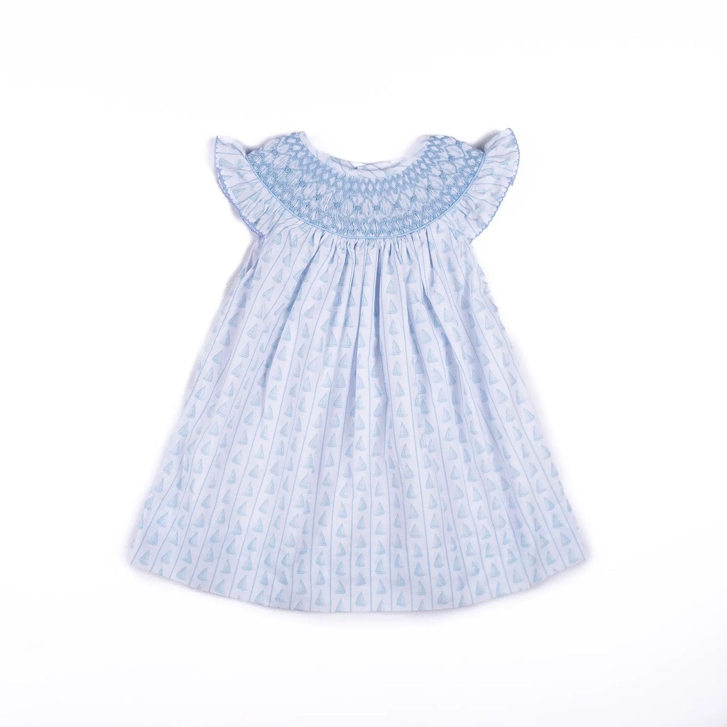 Shop Teeta Girls Blue Set Sail Boats Print Smocked Dress by Shop Teeta