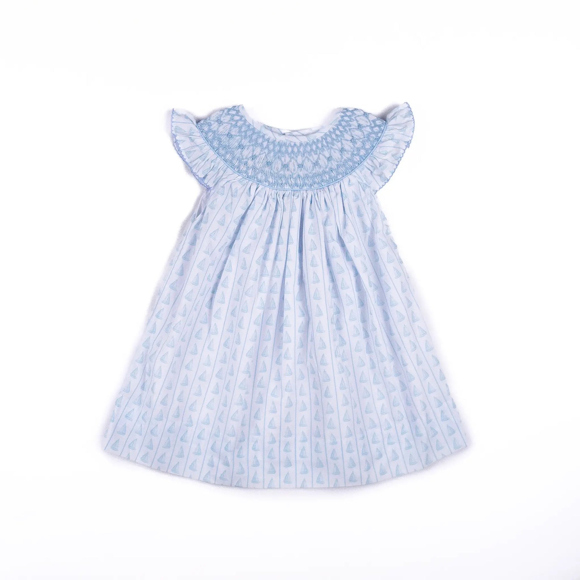 Shop Teeta Girls Blue Set Sail Boats Print Smocked Dress