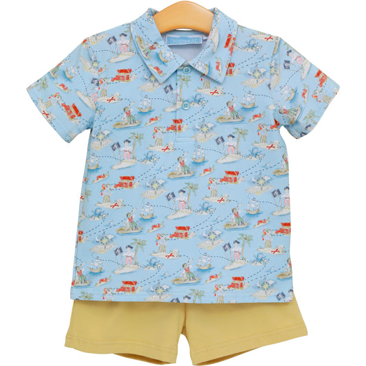 Trotter Street Kids Boys Pirate Shipwrecked Polo Shirt with Tan Shorts by Trotter Street Kids