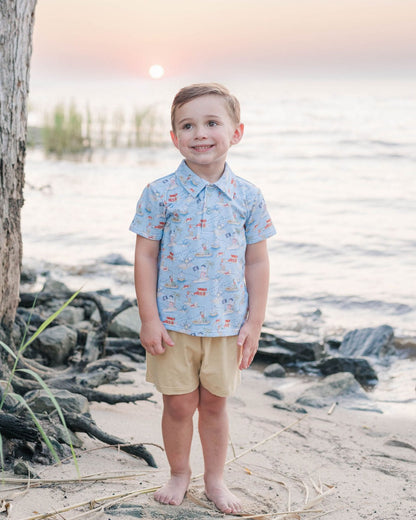 Trotter Street Kids Boys Pirate Shipwrecked Polo Shirt with Tan Shorts by Trotter Street Kids
