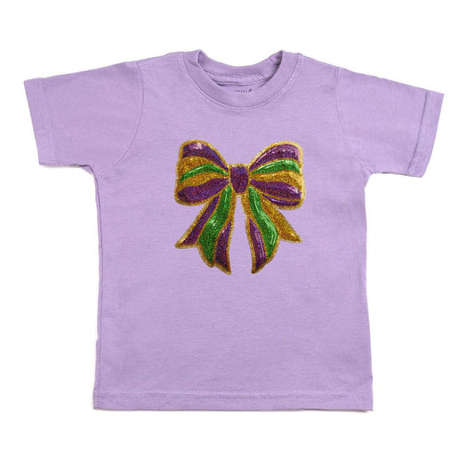 Sweet Wink Girls Mardi Gras Sequin Bow Patch Short Sleeve T-Shirt - Lavender by Sweet Wink