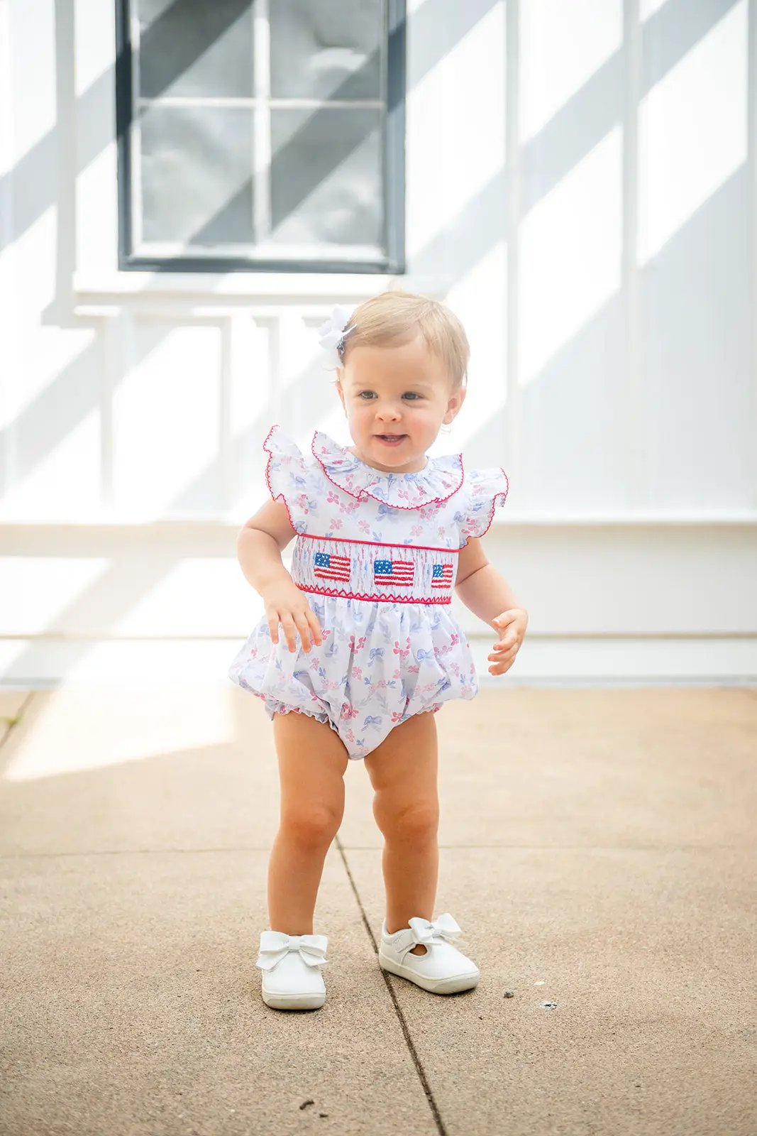 Shop Teeta Girls Annie Bubble - Patriotic Bows Print - Smocked USA Flags