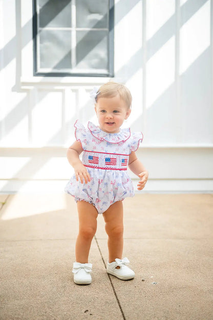 Shop Teeta Girls Annie Bubble - Patriotic Bows Print - Smocked USA Flags by Shop Teeta
