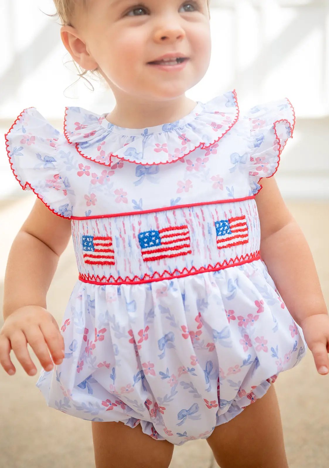 Shop Teeta Girls Annie Bubble - Patriotic Bows Print - Smocked USA Flags by Shop Teeta