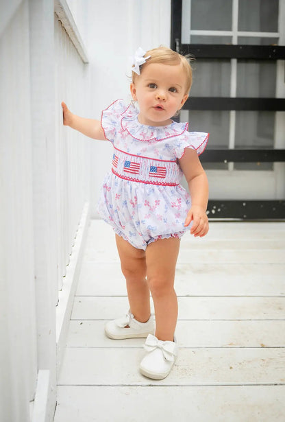 Shop Teeta Girls Annie Bubble - Patriotic Bows Print - Smocked USA Flags by Shop Teeta