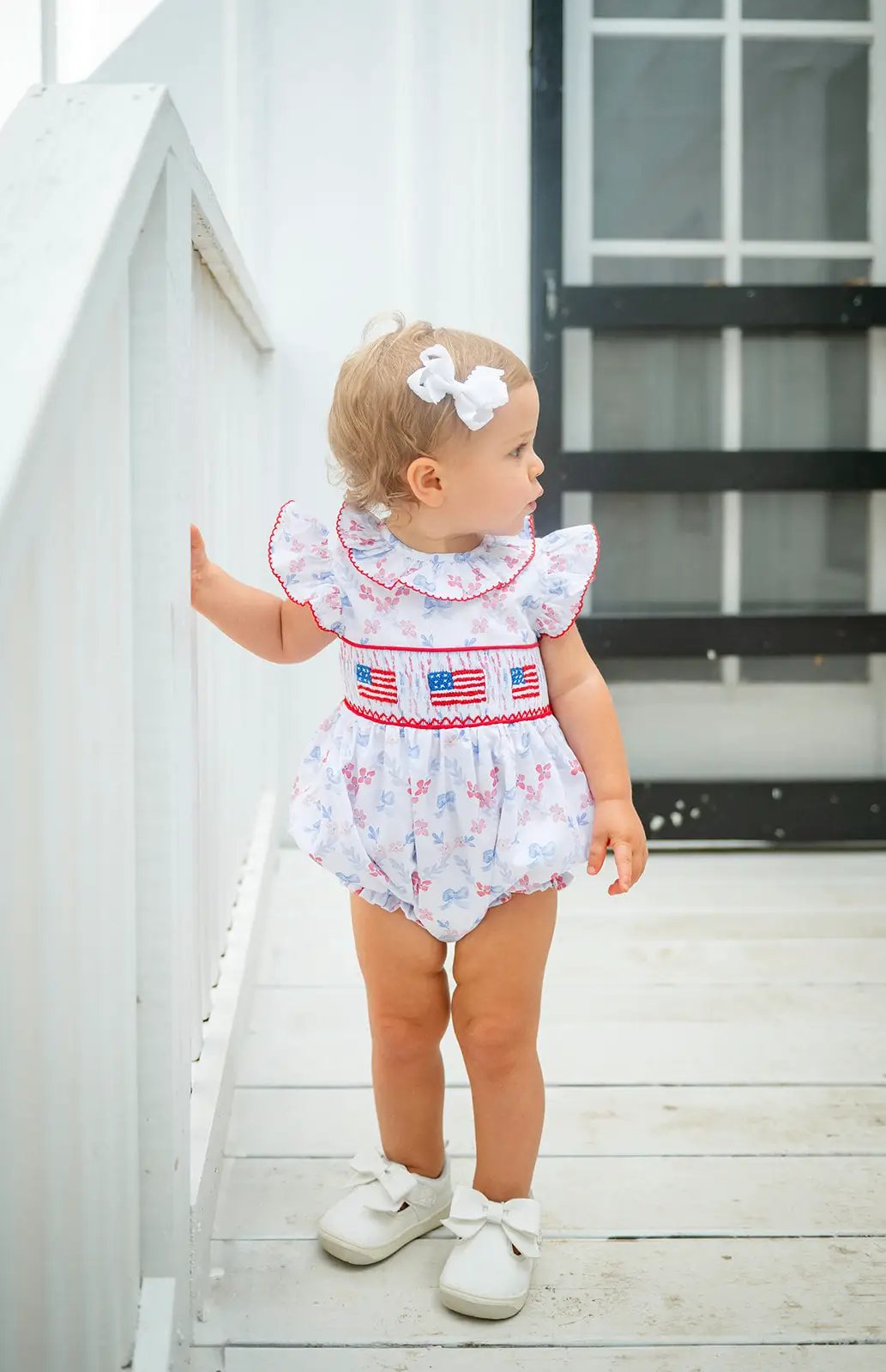 Shop Teeta Girls Annie Bubble - Patriotic Bows Print - Smocked USA Flags by Shop Teeta