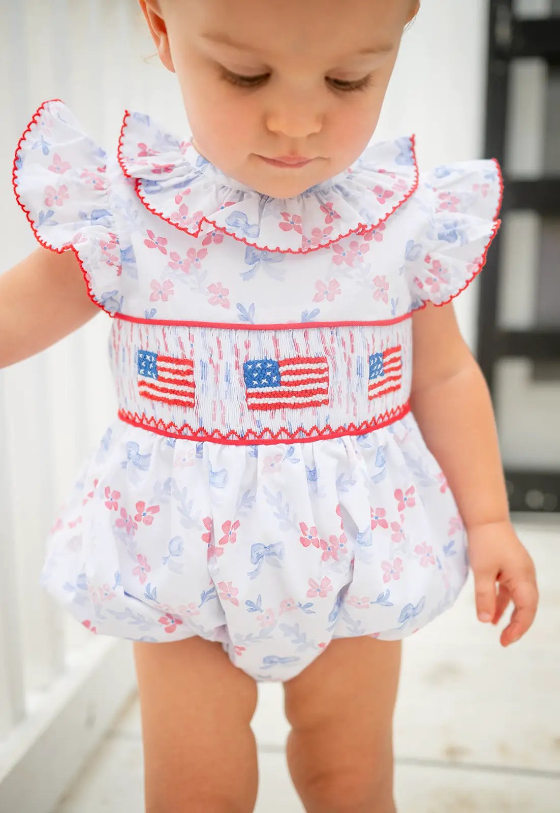 Shop Teeta Girls Annie Bubble - Patriotic Bows Print - Smocked USA Flags