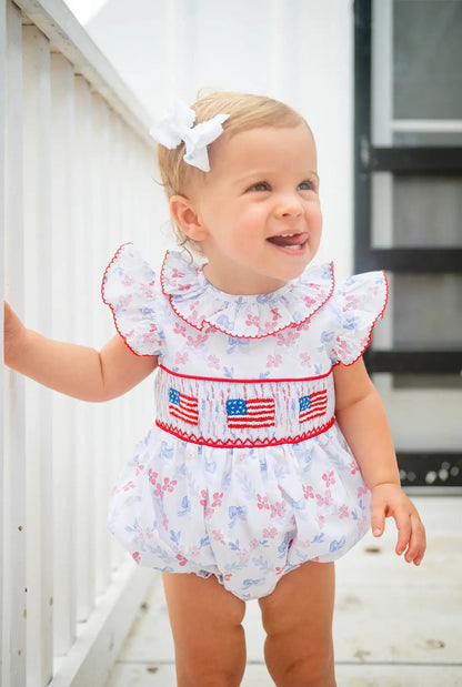 Shop Teeta Girls Annie Bubble - Patriotic Bows Print - Smocked USA Flags by Shop Teeta
