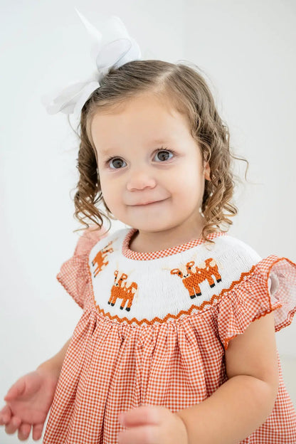 Shop Teeta Girls Kate Dress - Orange Gingham Smocked Texas Longhorns