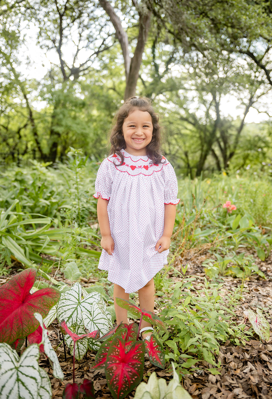 Shop Teeta Girls Red Bitty Dots Smocked Valentine Hearts Bishop Dress by Shop Teeta