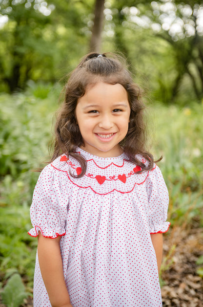 Shop Teeta Girls Red Bitty Dots Smocked Valentine Hearts Bishop Dress by Shop Teeta