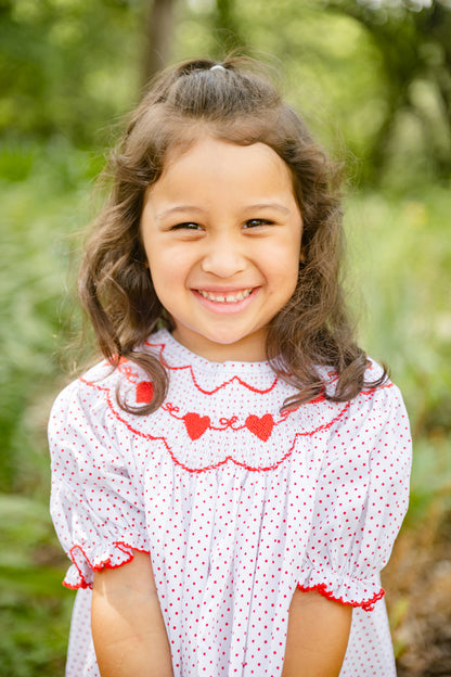 Shop Teeta Girls Red Bitty Dots Smocked Valentine Hearts Bishop Dress by Shop Teeta
