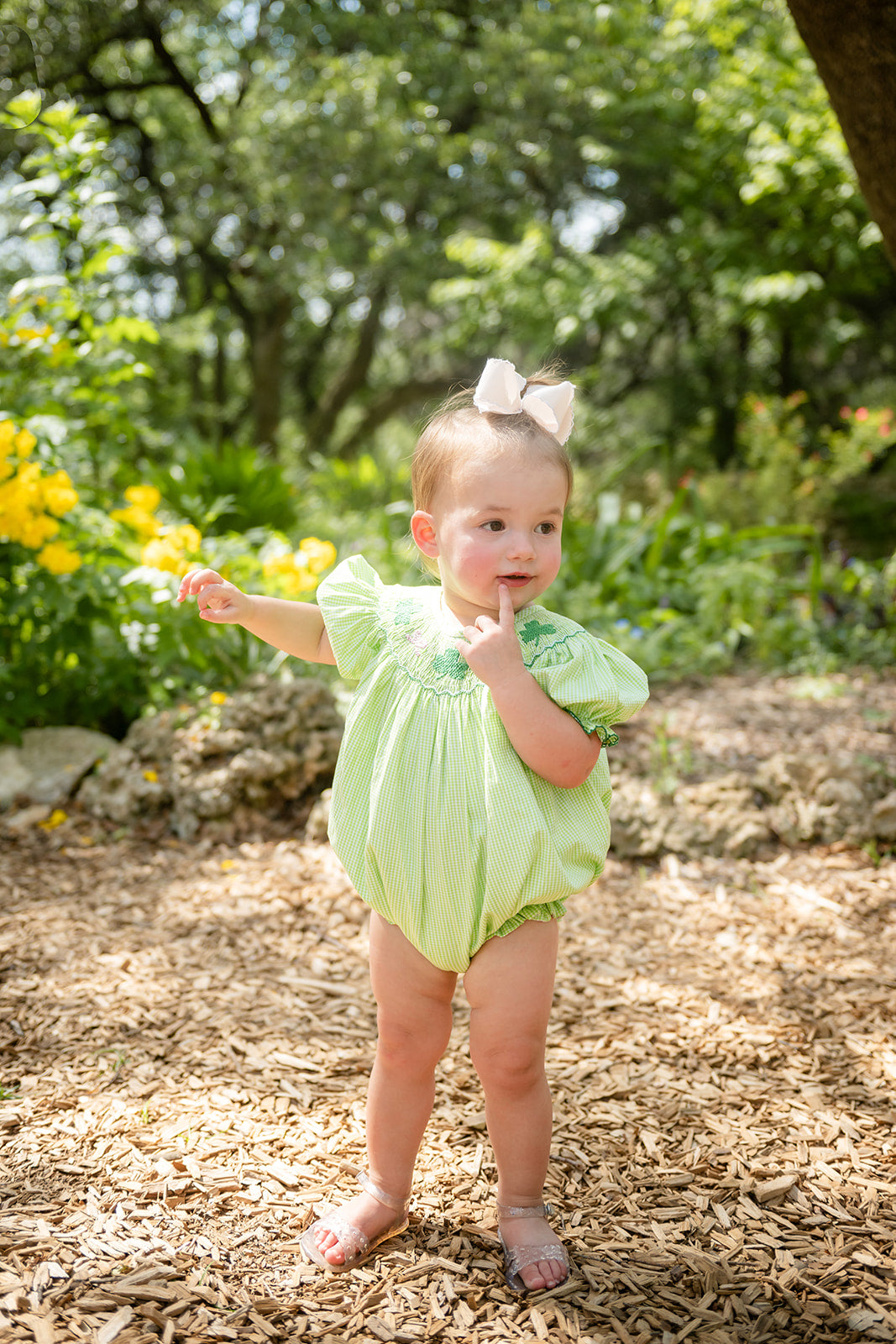 Shop Teeta Baby Girls Hallie Bubble - Green Gingham Smocked St. Pat's Clovers by Shop Teeta