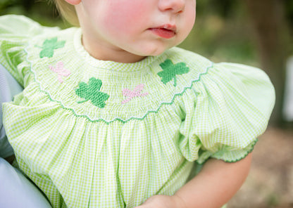 Shop Teeta Baby Girls Hallie Bubble - Green Gingham Smocked St. Pat's Clovers by Shop Teeta