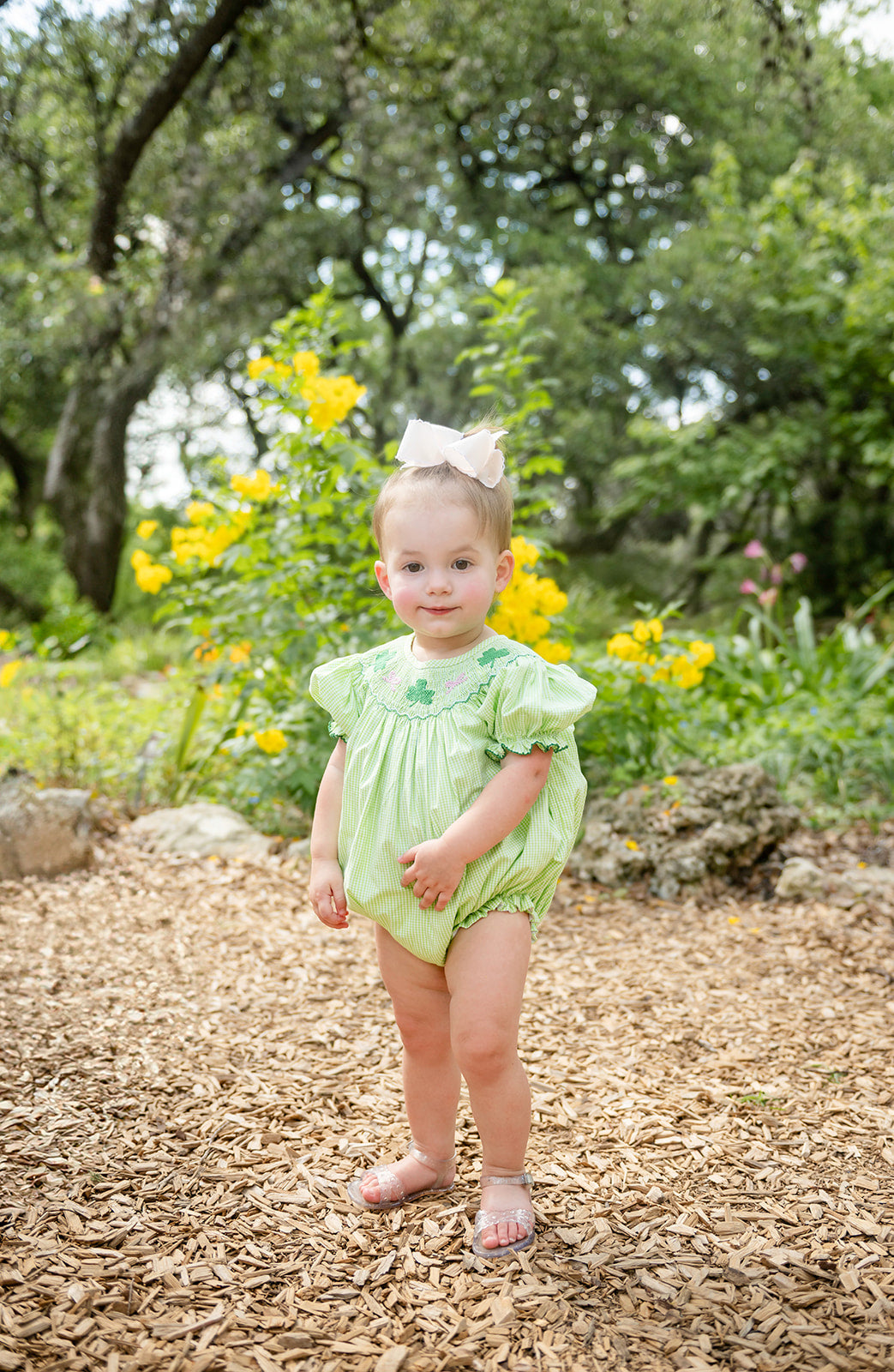 Shop Teeta Baby Girls Hallie Bubble - Green Gingham Smocked St. Pat's Clovers by Shop Teeta