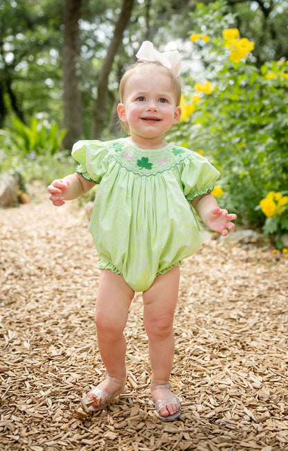 Shop Teeta Baby Girls Hallie Bubble - Green Gingham Smocked St. Pat's Clovers by Shop Teeta