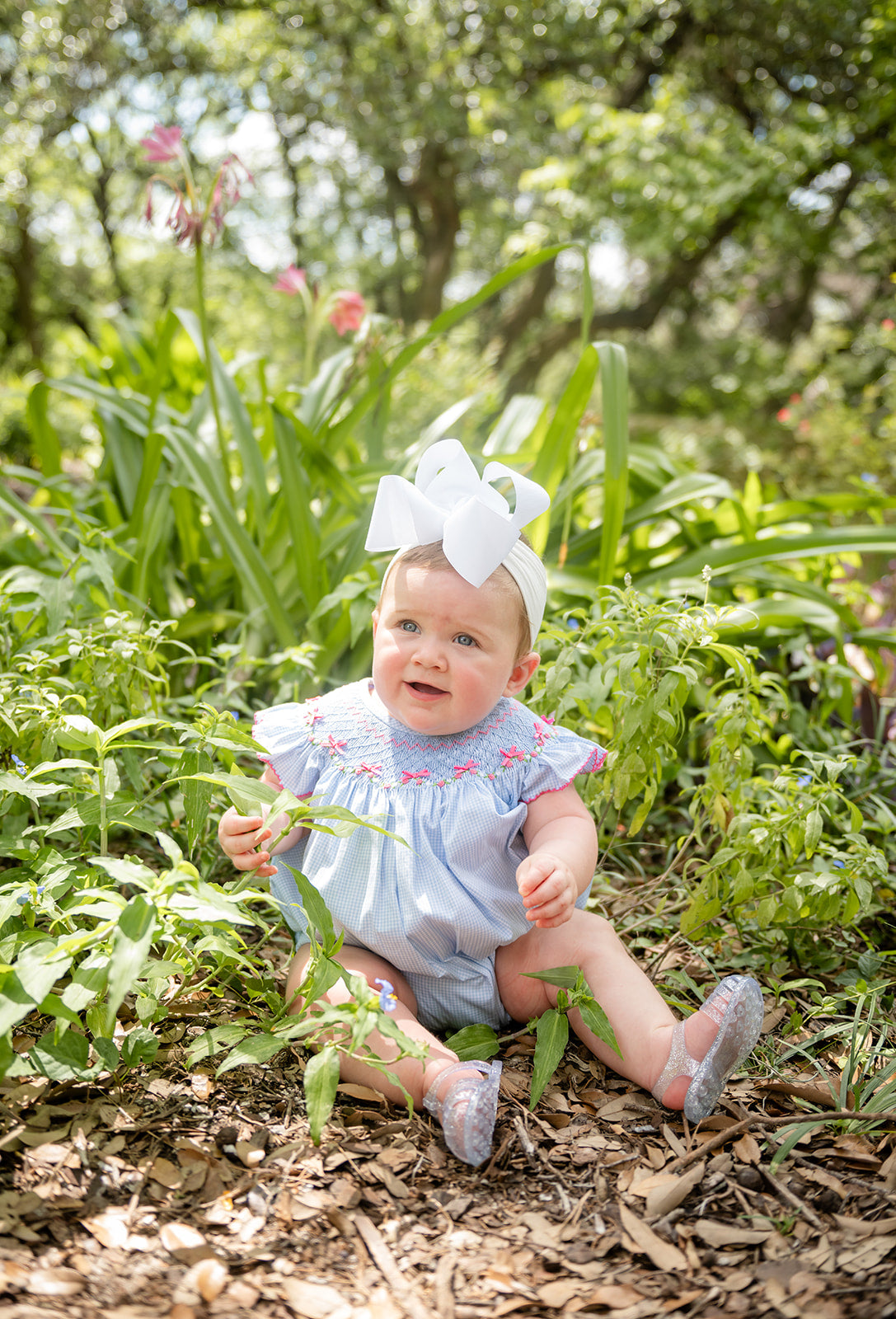 Shop Teeta Girls Blue Gingham Hallie Bubble - Smocked with Pink Georgia Bows by Shop Teeta