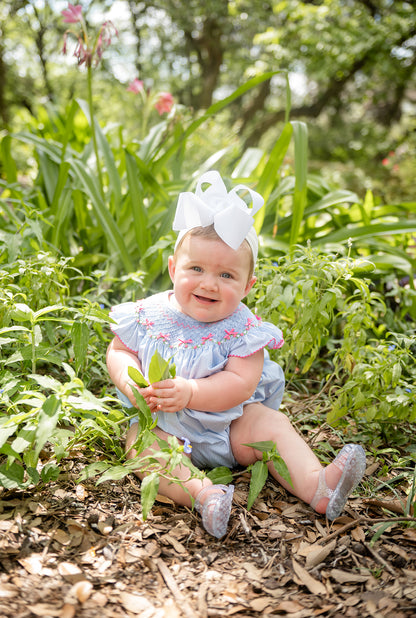 Shop Teeta Girls Blue Gingham Hallie Bubble - Smocked with Pink Georgia Bows by Shop Teeta