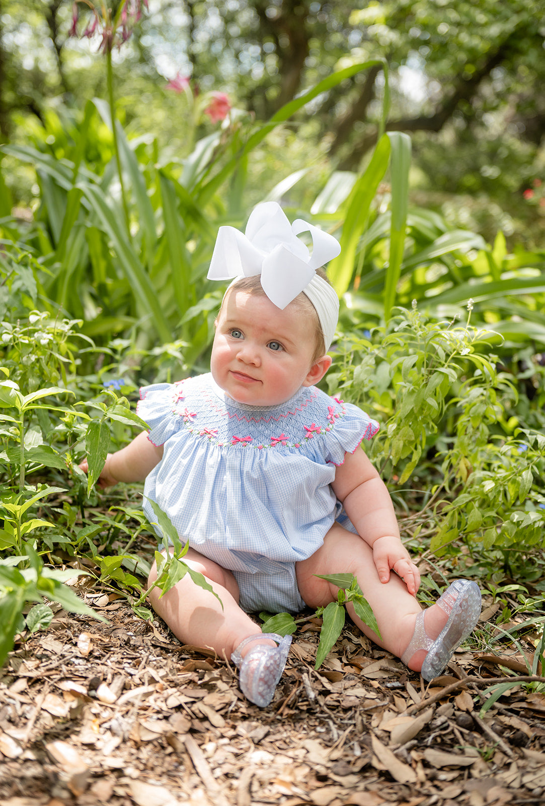 Shop Teeta Girls Blue Gingham Hallie Bubble - Smocked with Pink Georgia Bows by Shop Teeta