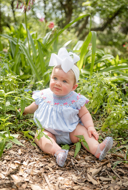 Shop Teeta Girls Blue Gingham Hallie Bubble - Smocked with Pink Georgia Bows by Shop Teeta