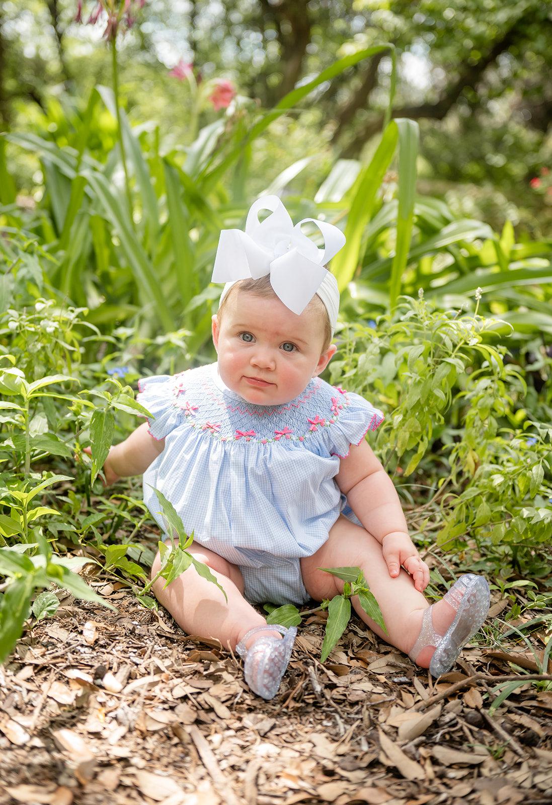 Shop Teeta Girls Blue Gingham Hallie Bubble - Smocked with Pink Georgia Bows by Shop Teeta