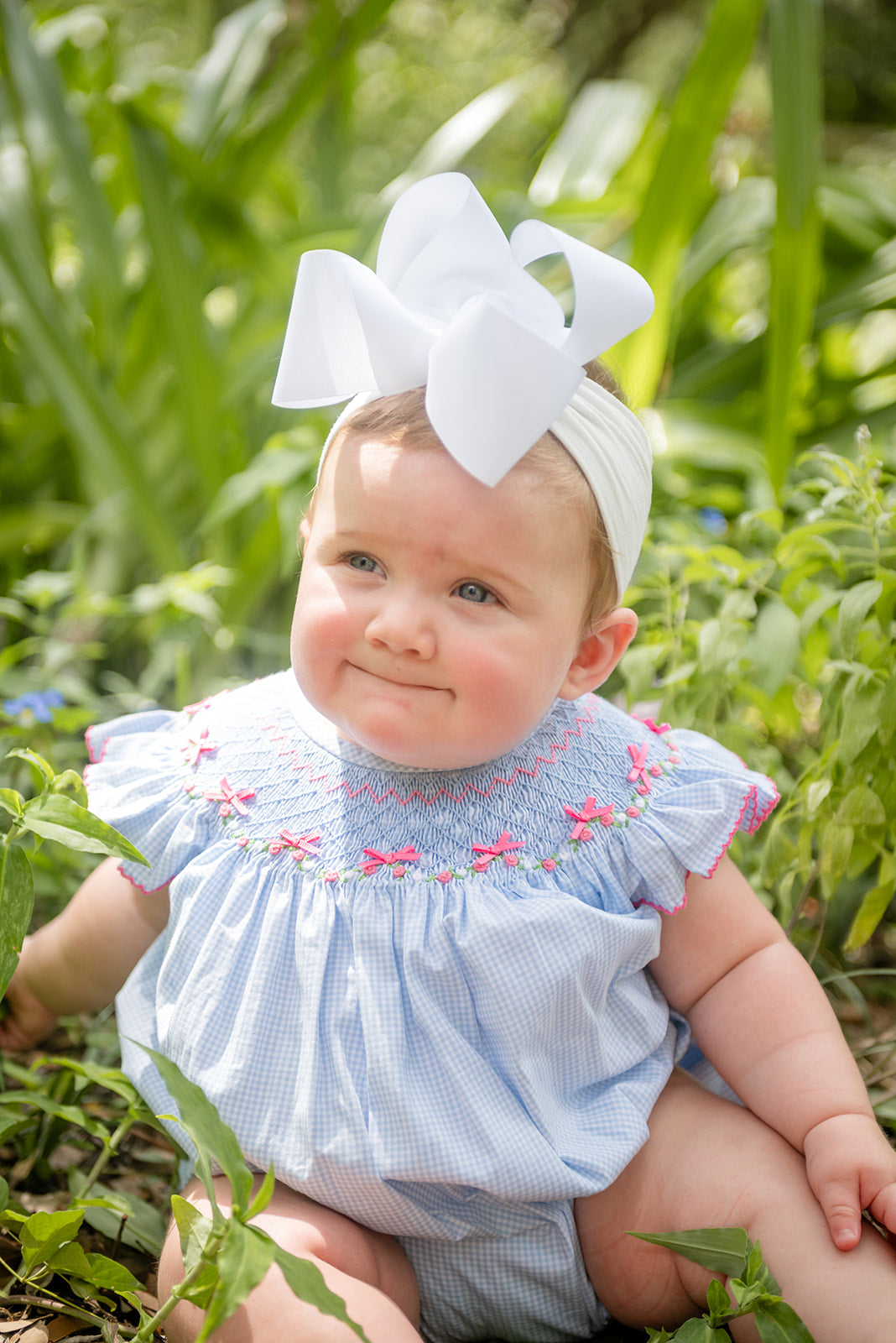Shop Teeta Girls Blue Gingham Hallie Bubble - Smocked with Pink Georgia Bows
