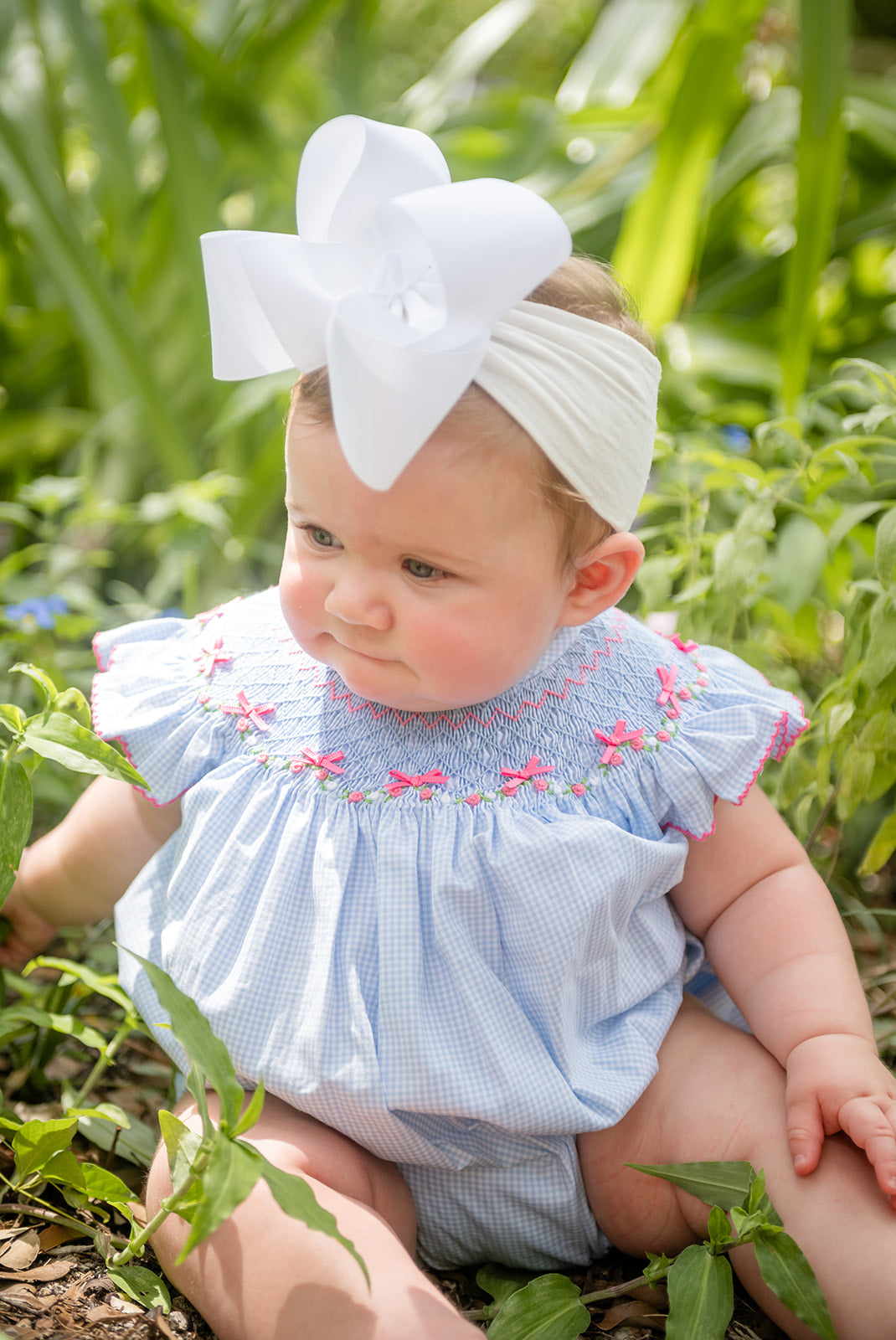 Shop Teeta Girls Blue Gingham Hallie Bubble - Smocked with Pink Georgia Bows by Shop Teeta