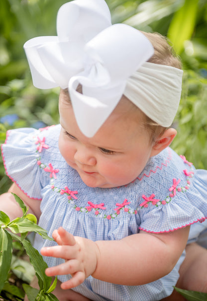 Shop Teeta Girls Blue Gingham Hallie Bubble - Smocked with Pink Georgia Bows by Shop Teeta