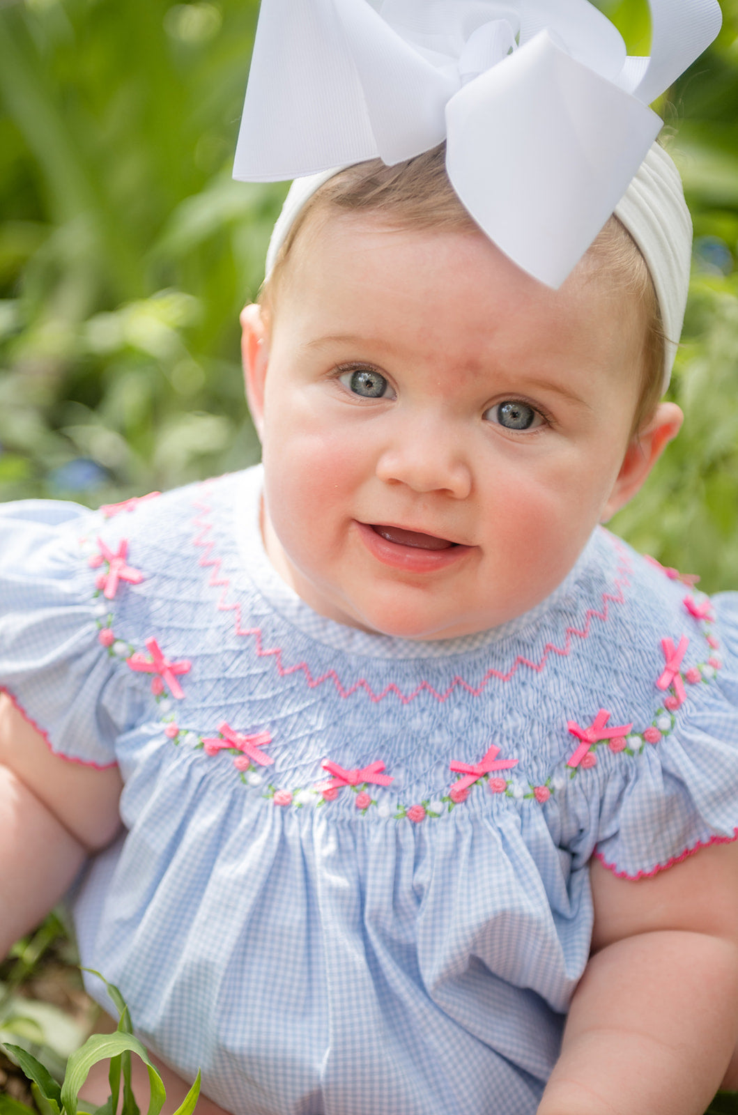Shop Teeta Girls Blue Gingham Hallie Bubble - Smocked with Pink Georgia Bows by Shop Teeta