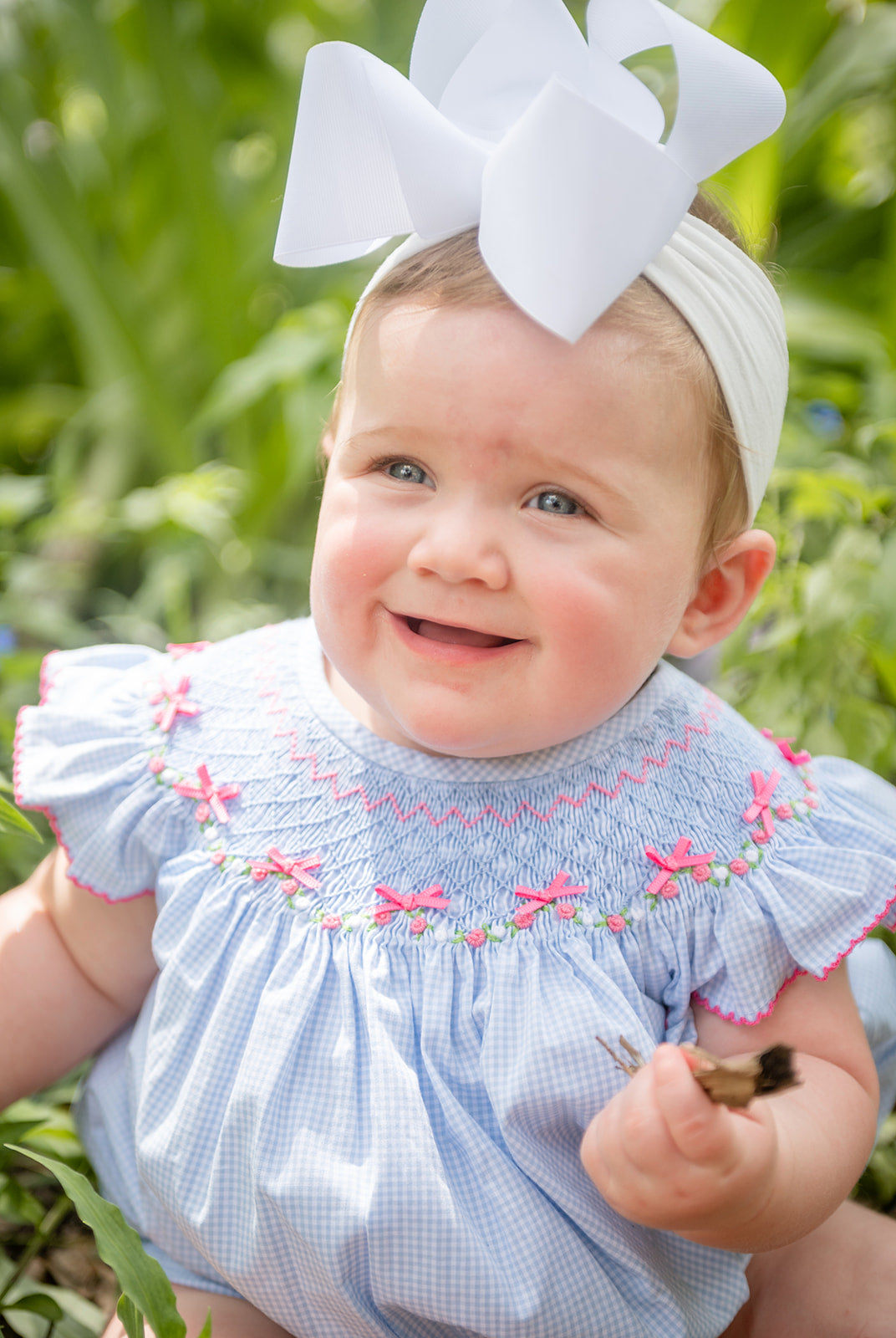 Shop Teeta Girls Blue Gingham Hallie Bubble - Smocked with Pink Georgia Bows