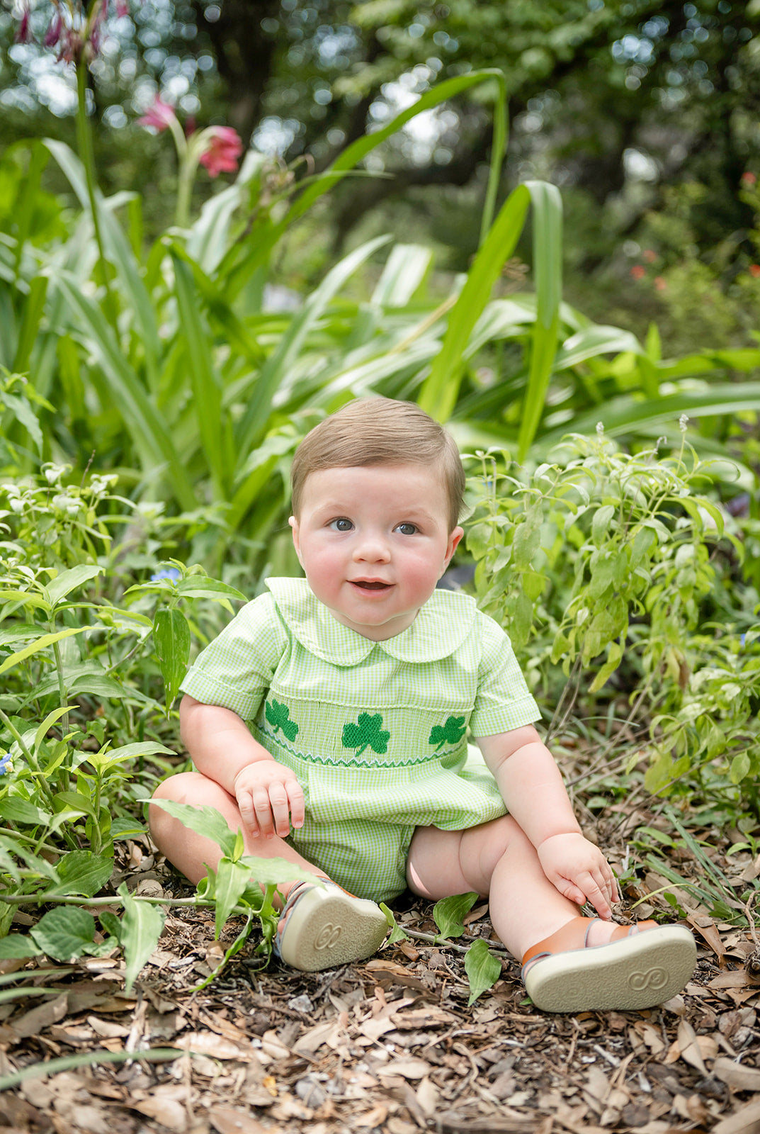 Shop Teeta Baby Boys Noah Bubble - Green Gingham Smocked St. Pat's Clovers by Shop Teeta