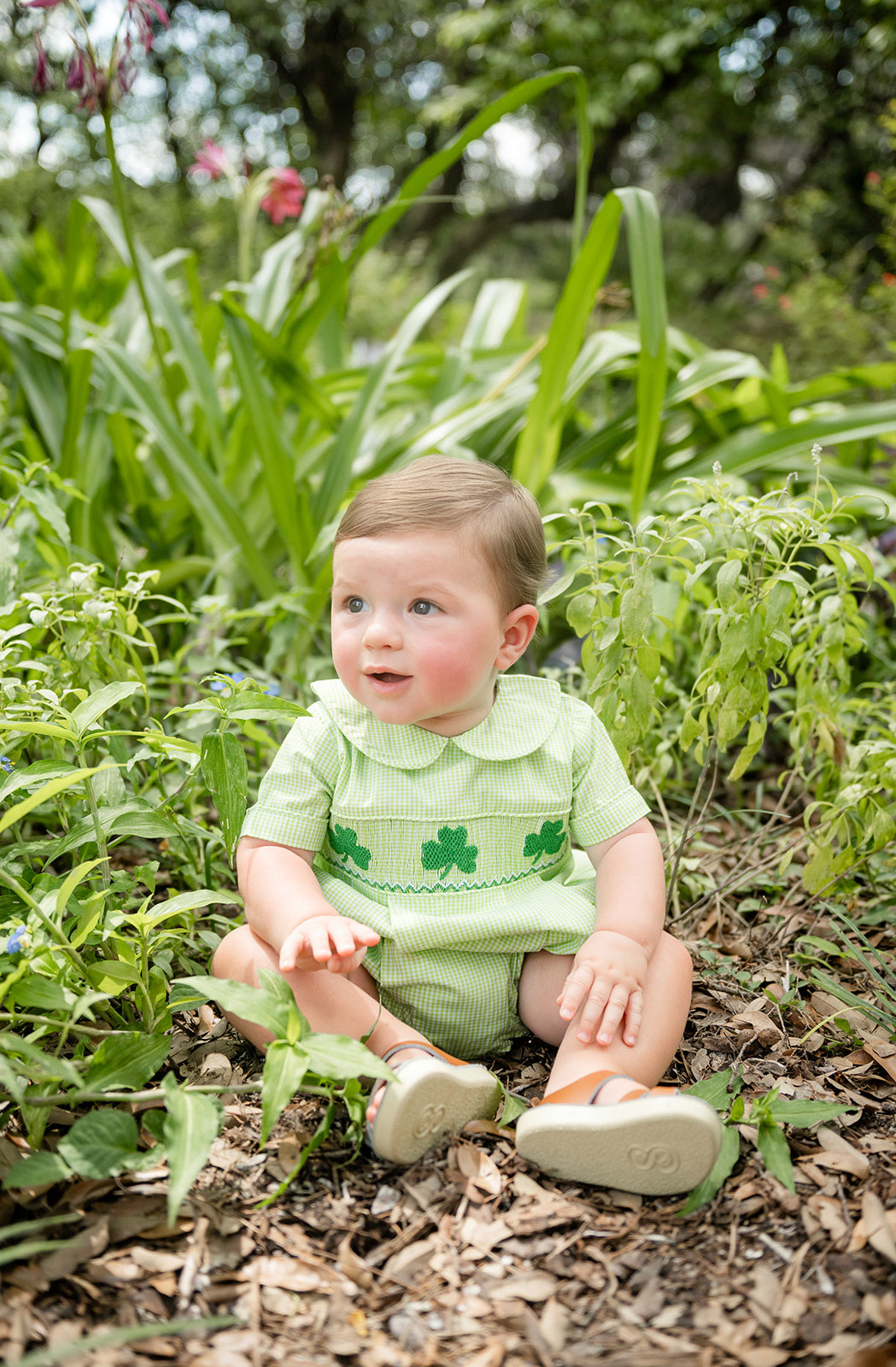Shop Teeta Baby Boys Noah Bubble - Green Gingham Smocked St. Pat's Clovers
