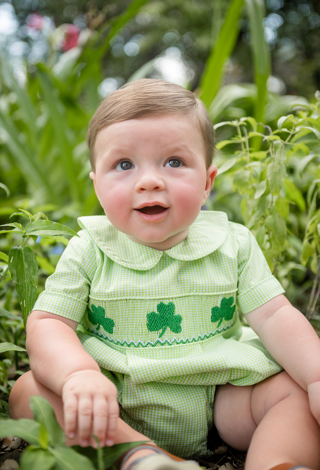 Shop Teeta Baby Boys Noah Bubble - Green Gingham Smocked St. Pat's Clovers by Shop Teeta