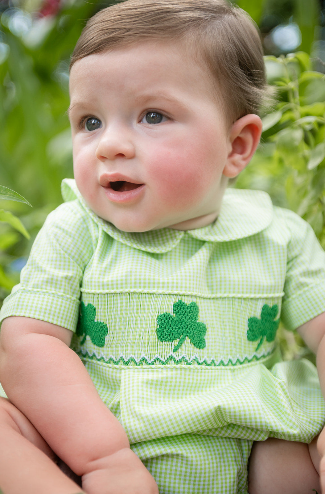 Shop Teeta Baby Boys Noah Bubble - Green Gingham Smocked St. Pat's Clovers by Shop Teeta