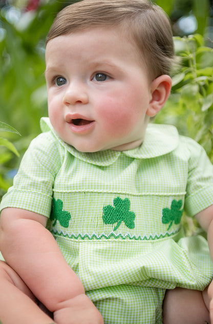 Shop Teeta Baby Boys Noah Bubble - Green Gingham Smocked St. Pat's Clovers by Shop Teeta
