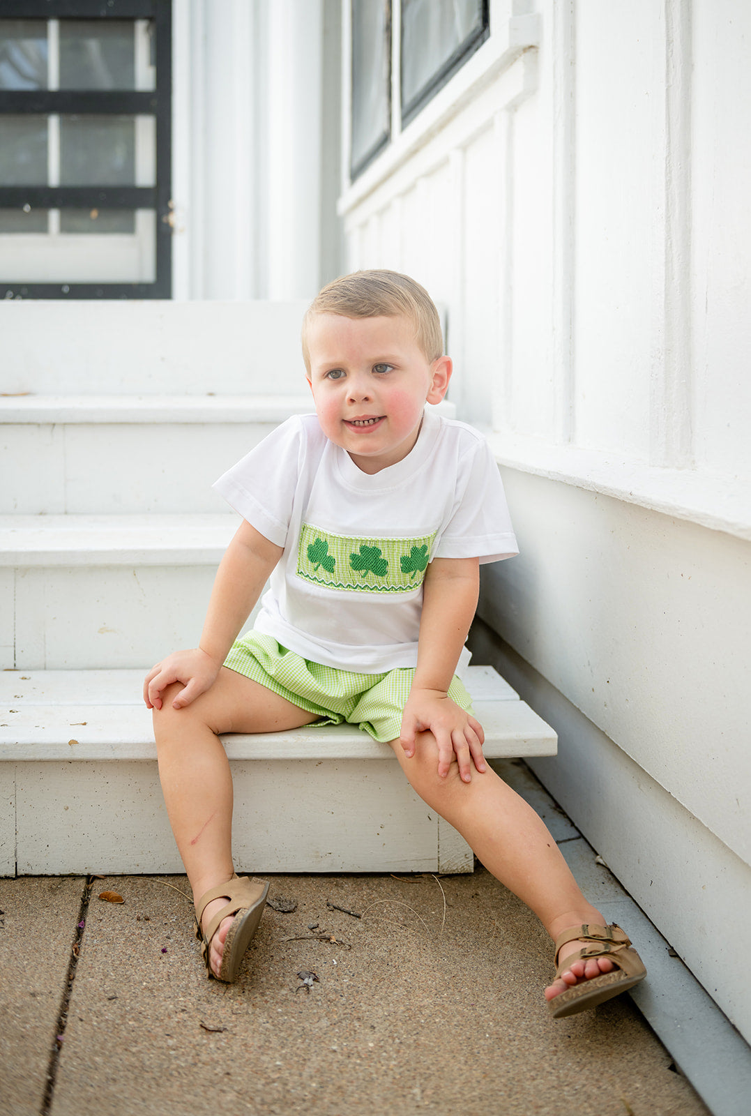 Shop Teeta Boys Wyatt Shorts Set - Green Gingham Smocked St. Pat's Clovers by Shop Teeta