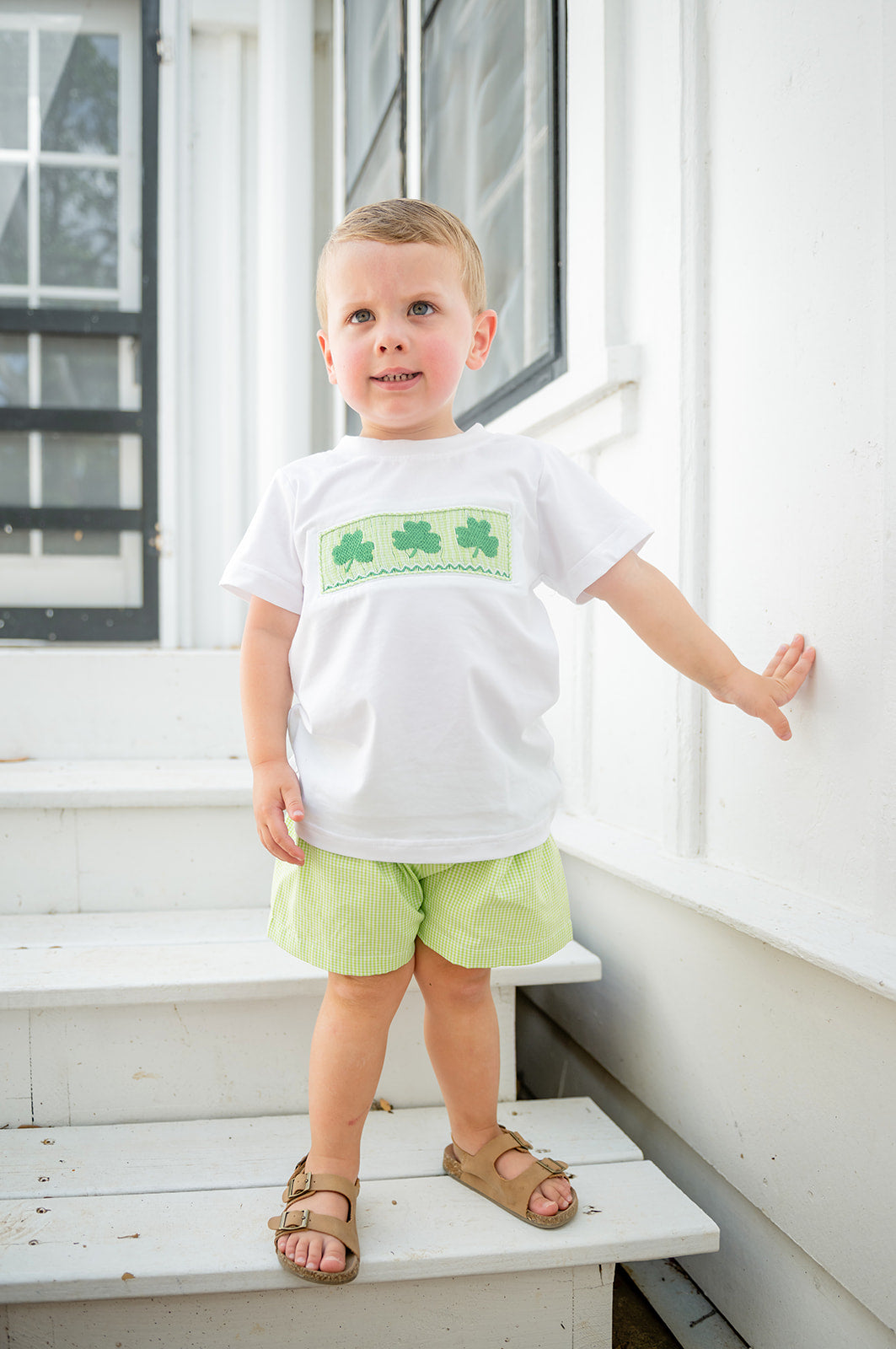 Shop Teeta Boys Wyatt Shorts Set - Green Gingham Smocked St. Pat's Clovers