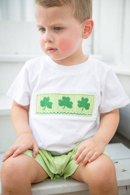 Shop Teeta Boys Wyatt Shorts Set - Green Gingham Smocked St. Pat's Clovers by Shop Teeta