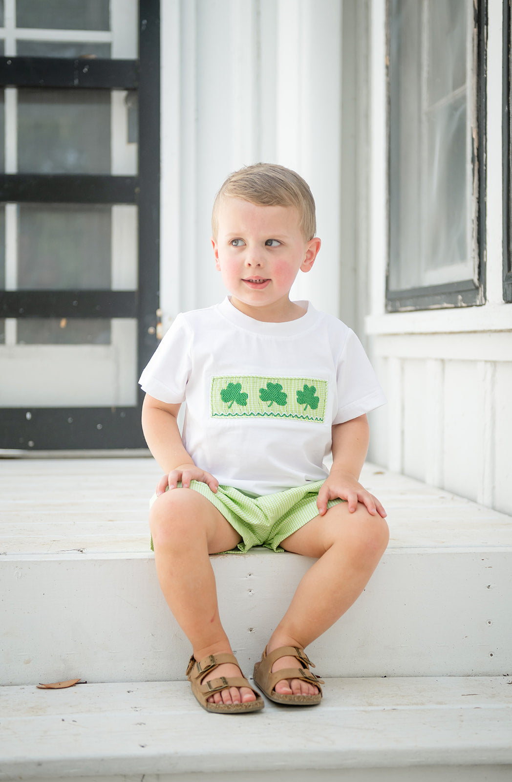 Shop Teeta Boys Wyatt Shorts Set - Green Gingham Smocked St. Pat's Clovers by Shop Teeta