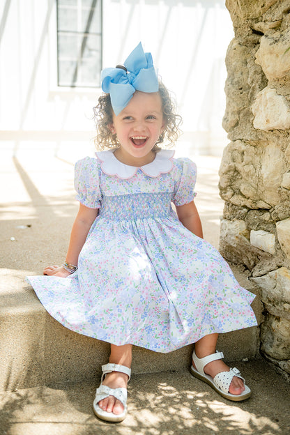 Shop Teeta Girls Pink & Blue Ashley Floral Smocked Ava Dress - Scallop Collar by Shop Teeta