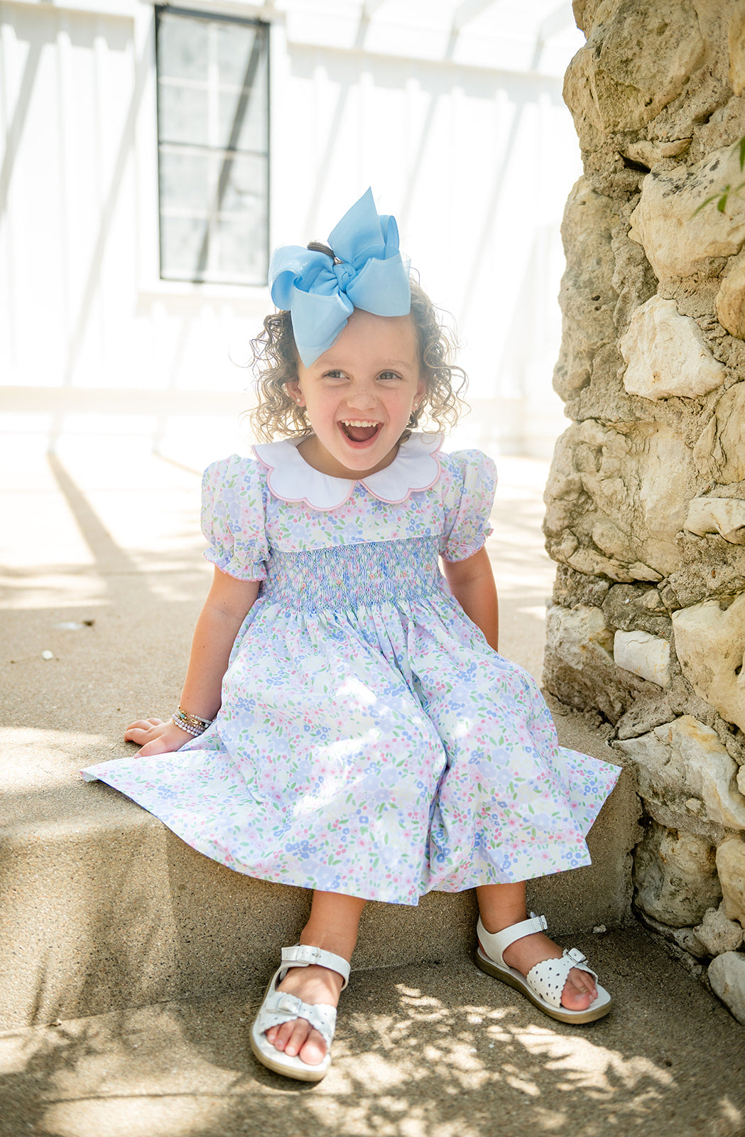 Shop Teeta Girls Pink & Blue Ashley Floral Smocked Ava Dress - Scallop Collar