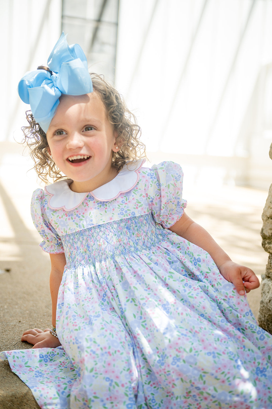 Shop Teeta Girls Pink & Blue Ashley Floral Smocked Ava Dress - Scallop Collar