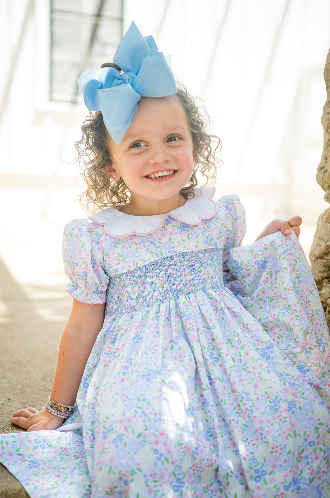 Shop Teeta Girls Pink & Blue Ashley Floral Smocked Ava Dress - Scallop Collar by Shop Teeta