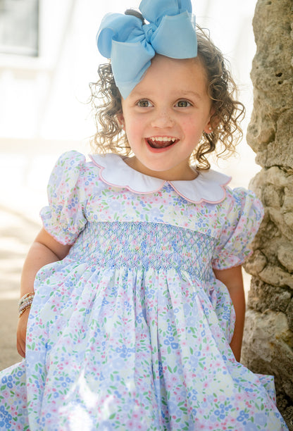Shop Teeta Girls Pink & Blue Ashley Floral Smocked Ava Dress - Scallop Collar by Shop Teeta
