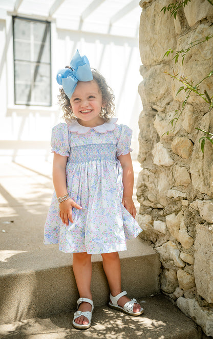 Shop Teeta Girls Pink & Blue Ashley Floral Smocked Ava Dress - Scallop Collar by Shop Teeta